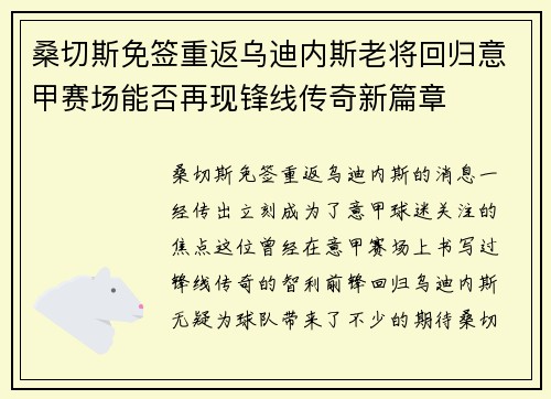 桑切斯免签重返乌迪内斯老将回归意甲赛场能否再现锋线传奇新篇章