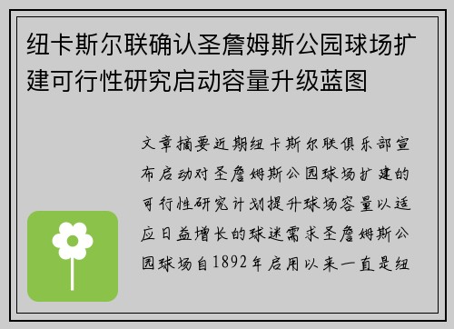 纽卡斯尔联确认圣詹姆斯公园球场扩建可行性研究启动容量升级蓝图 纽卡斯尔联确认圣詹姆斯公园球场扩建可行性研究启动容量升级蓝图